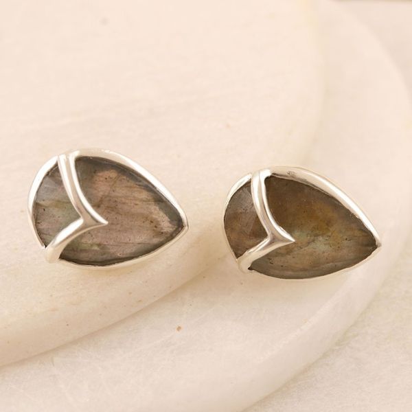Alternate image for Labradorite and Sterling Silver Button Earrings Water Drop in Grey