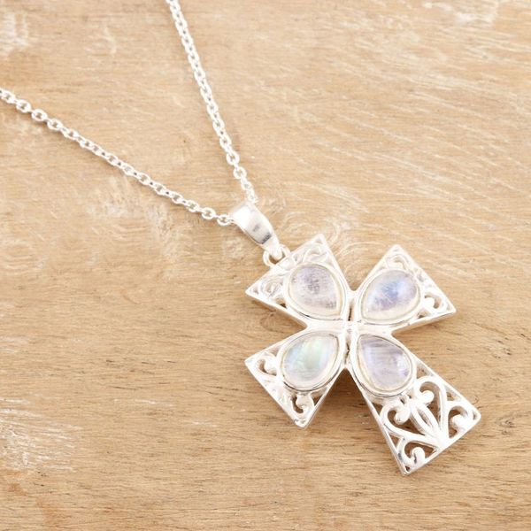 Alternate image for Sterling Silver and Rainbow Moonstone Cross Necklace True Faith