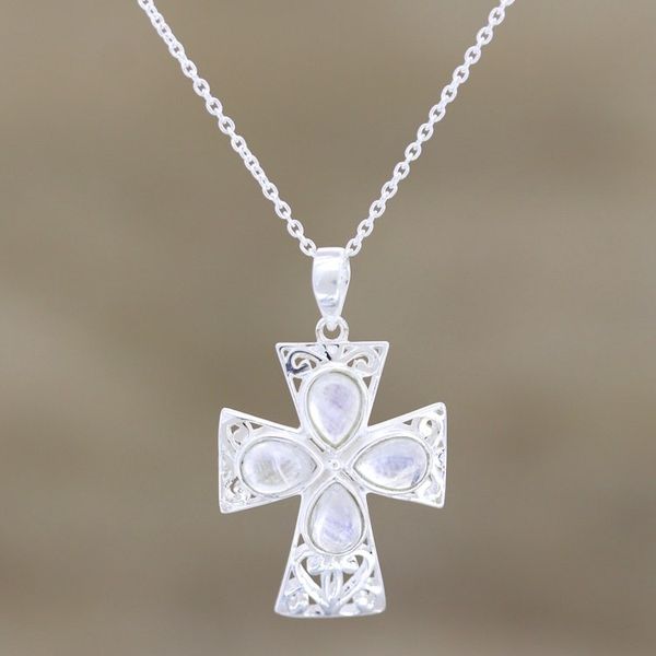 Alternate image for Sterling Silver and Rainbow Moonstone Cross Necklace True Faith