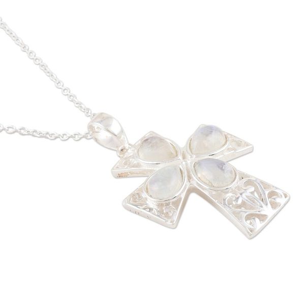 Alternate image for Sterling Silver and Rainbow Moonstone Cross Necklace True Faith