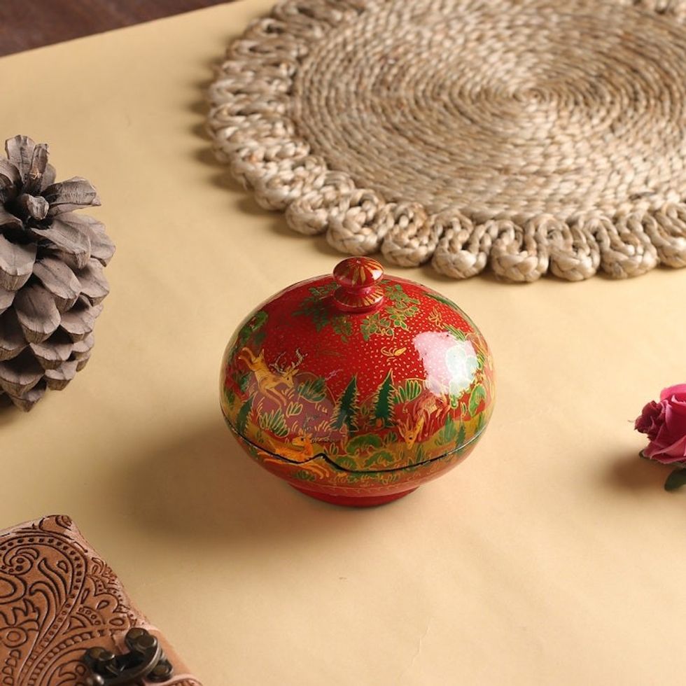 Hand-Painted Red Papier Mache Decorative Box from India 'Jungle Scene in Red'