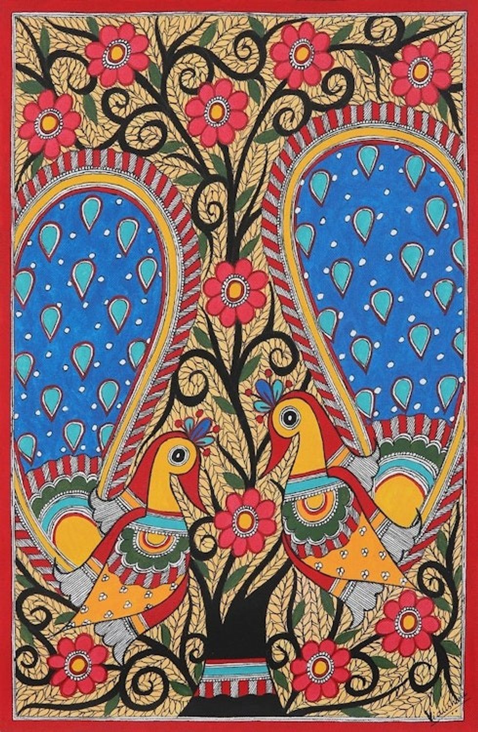Madhubani Peacock Painting on Handmade Paper 'Peacock Season'