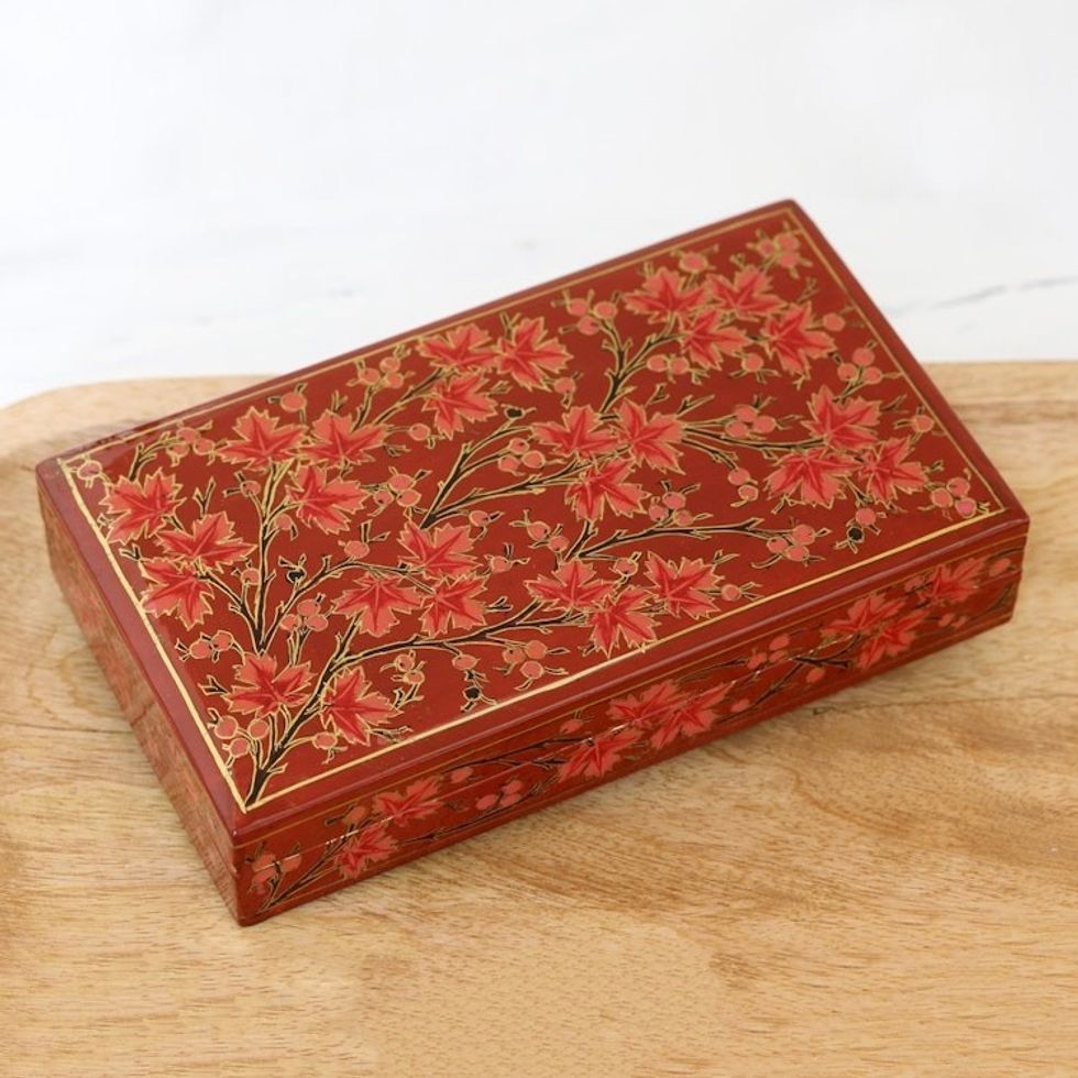 Hand-Painted Decorative Papier Mache Box from India 'Festive Trees in Red'