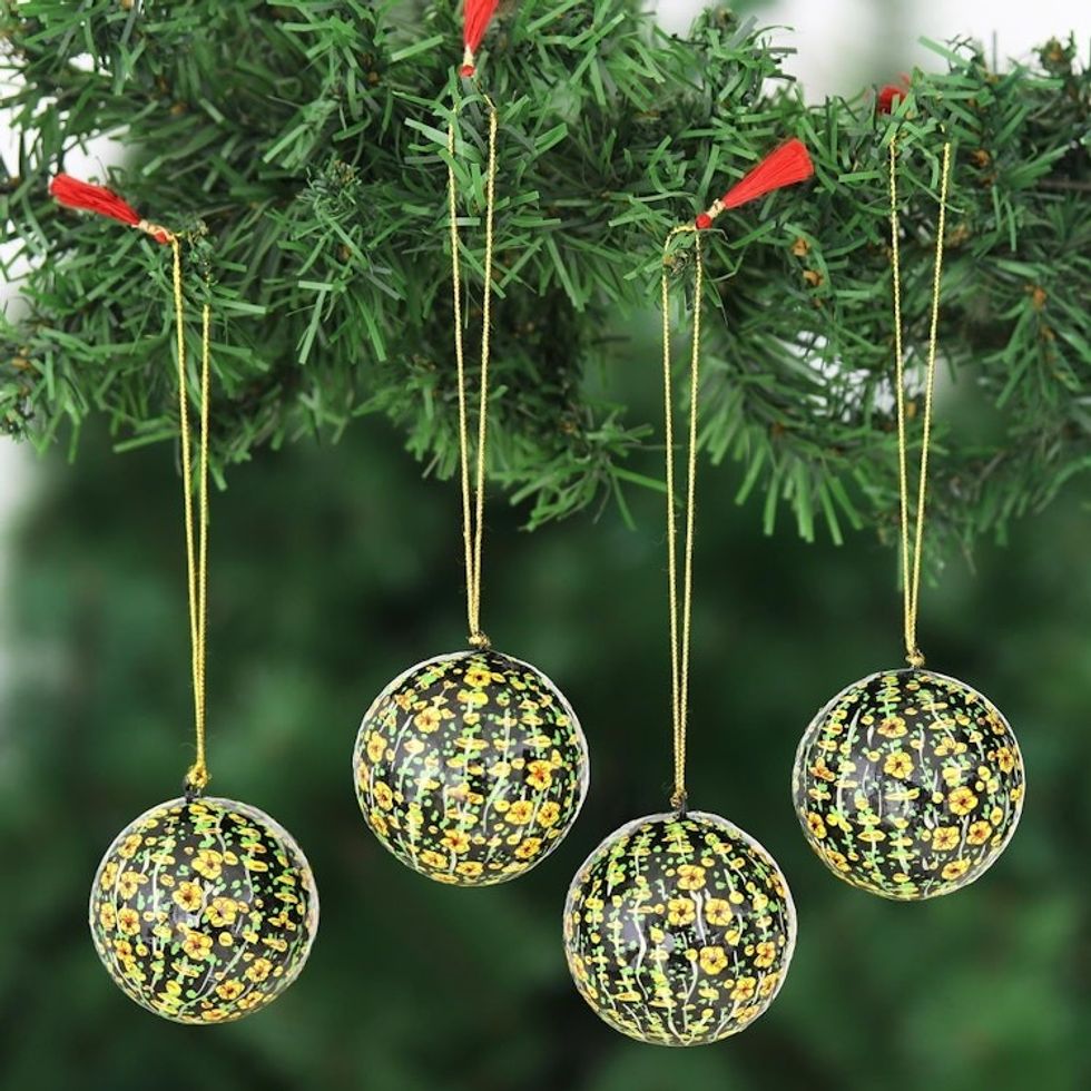 Hand Crafted Papier Mache Holiday Ornaments Set of 4 'Blossoms of Kashmir in Yellow'