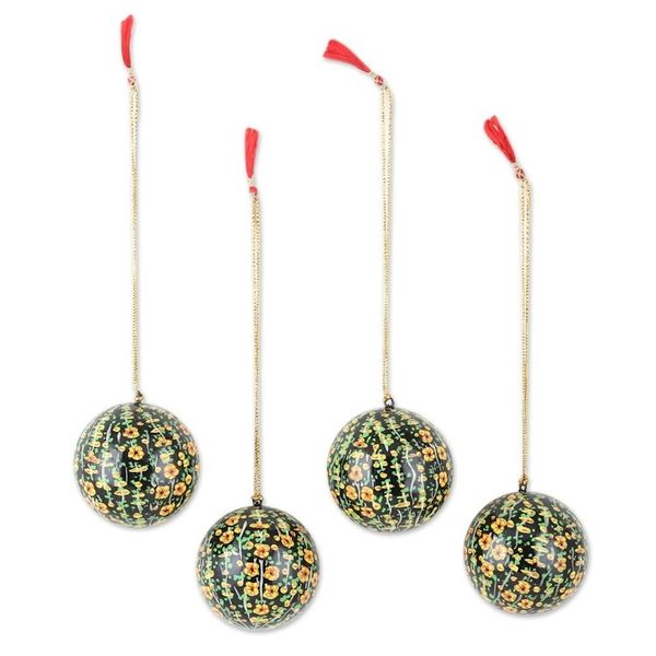 Alternate image for Hand Crafted Papier Mache Holiday Ornaments Set of 4 Blossoms of Kashmir in Yellow