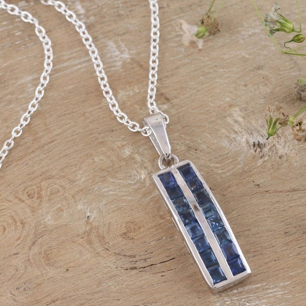 Artisan Crafted Rhodium-Plated Sapphire Pendant Necklace 'The Path to Power'