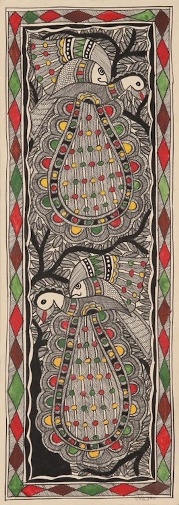 Alternate image for Madhubani Bird and Tree Painting on Handmade Paper Peaceful Unity