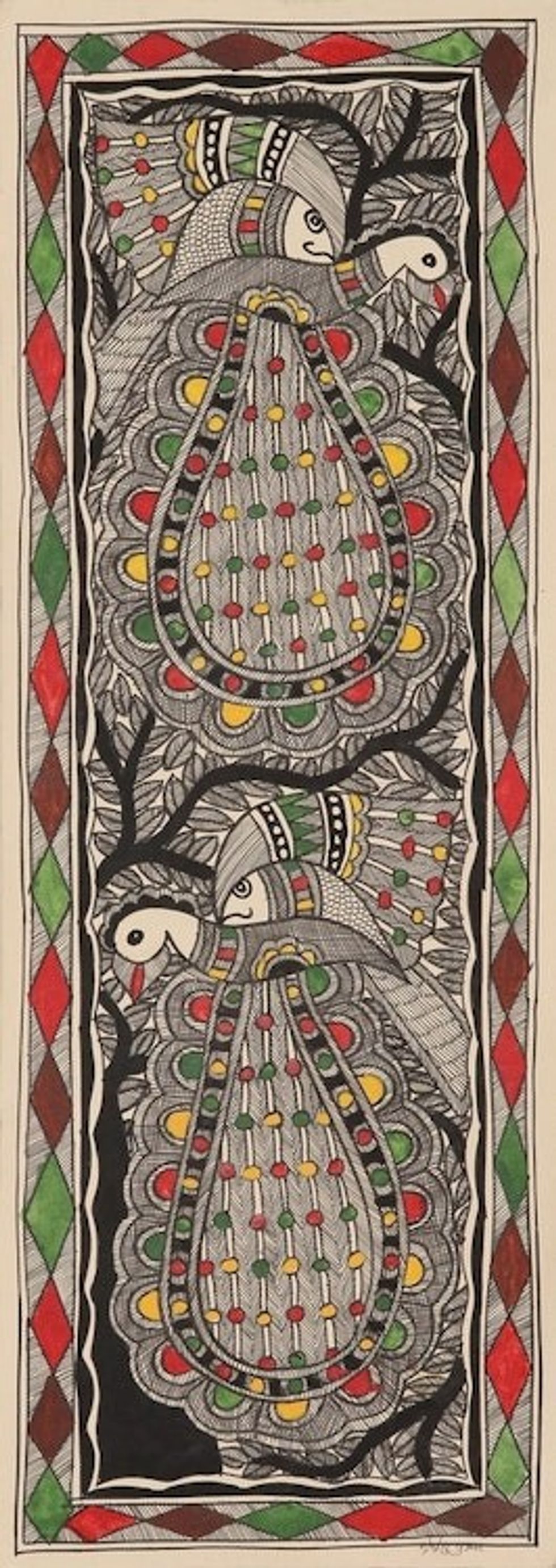 Madhubani Bird and Tree Painting on Handmade Paper 'Peaceful Unity'