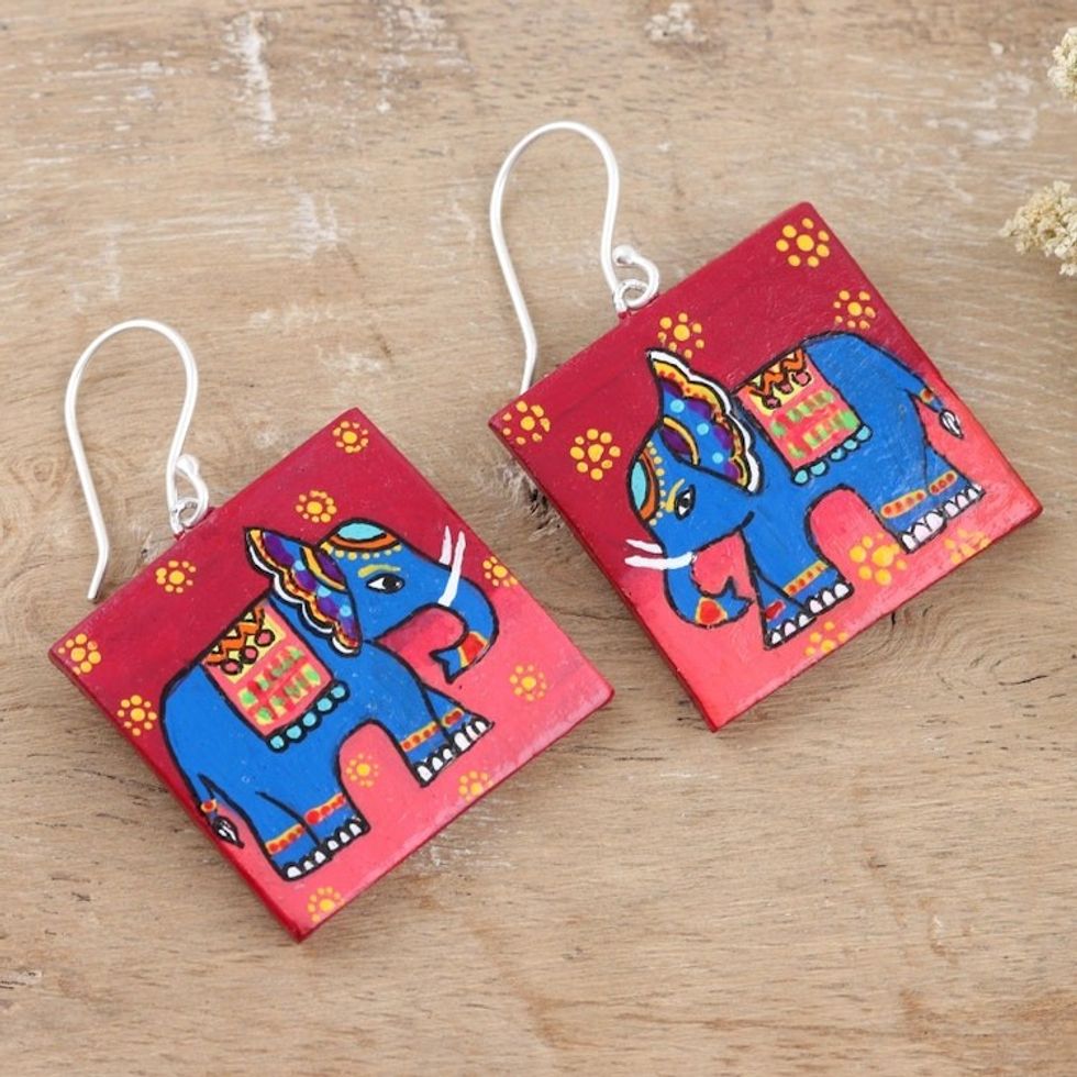 Ceramic Elephant-Motif Dangle Earrings 'Painted Elephant'