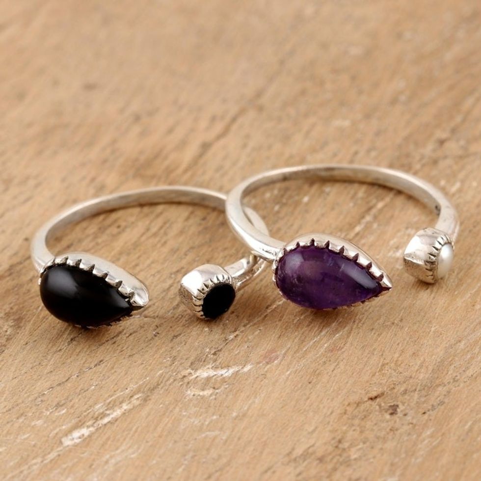 Handmade Amethyst and Black Onyx Wrap Rings Pair 'Magic Elixir'