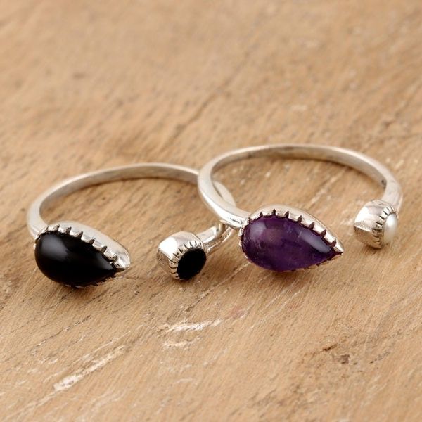 Alternate image for Handmade Amethyst and Black Onyx Wrap Rings Pair Magic Elixir
