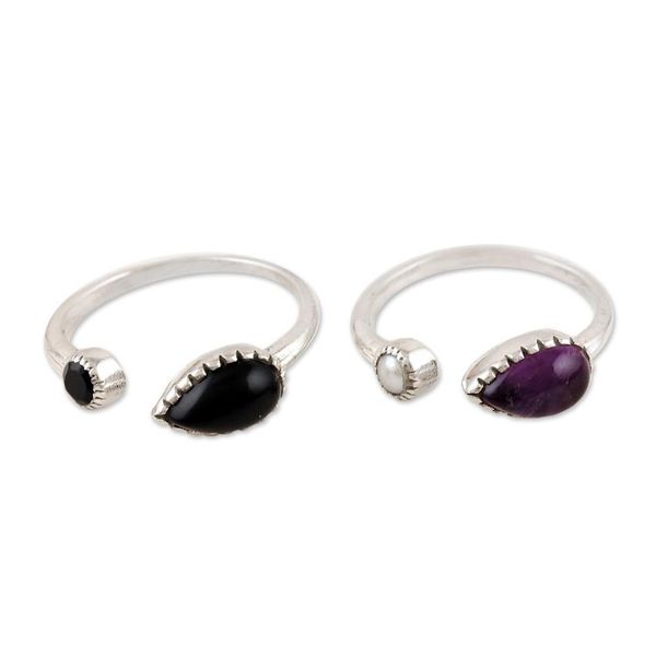 Alternate image for Handmade Amethyst and Black Onyx Wrap Rings Pair Magic Elixir