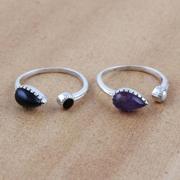 Alternate image for Handmade Amethyst and Black Onyx Wrap Rings Pair Magic Elixir