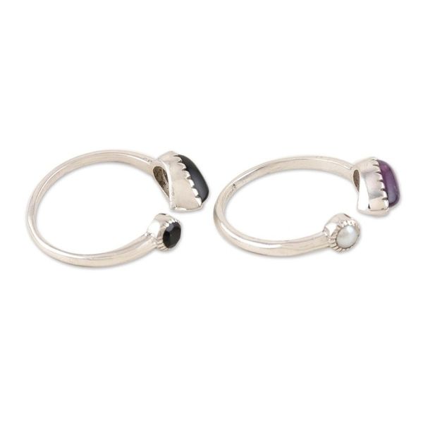 Alternate image for Handmade Amethyst and Black Onyx Wrap Rings Pair Magic Elixir