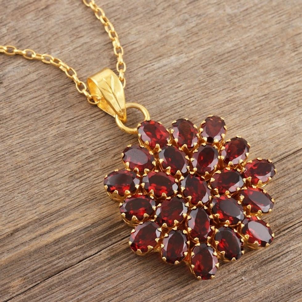 Gold-Plated Sterling Silver Garnet Pendant Necklace 'Radiant Sign'