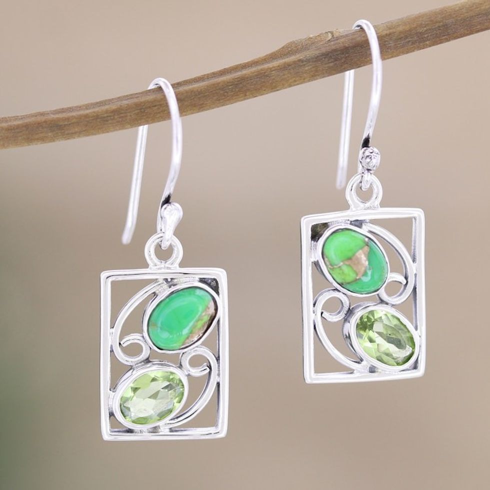 Hand Crafted Peridot Dangle Earrings from India 'Sweet Companions'