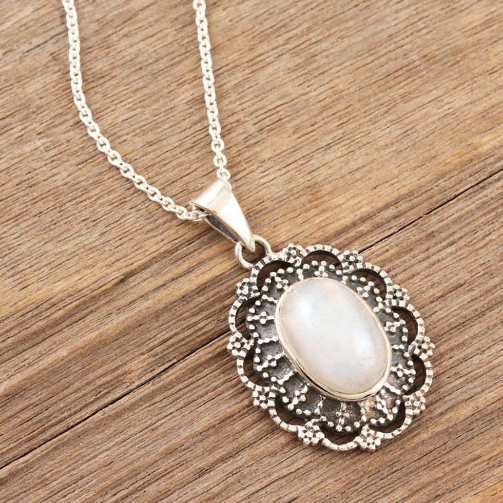 Rainbow Moonstone and Sterling Silver Pendant Necklace 'Heaven's Garden'