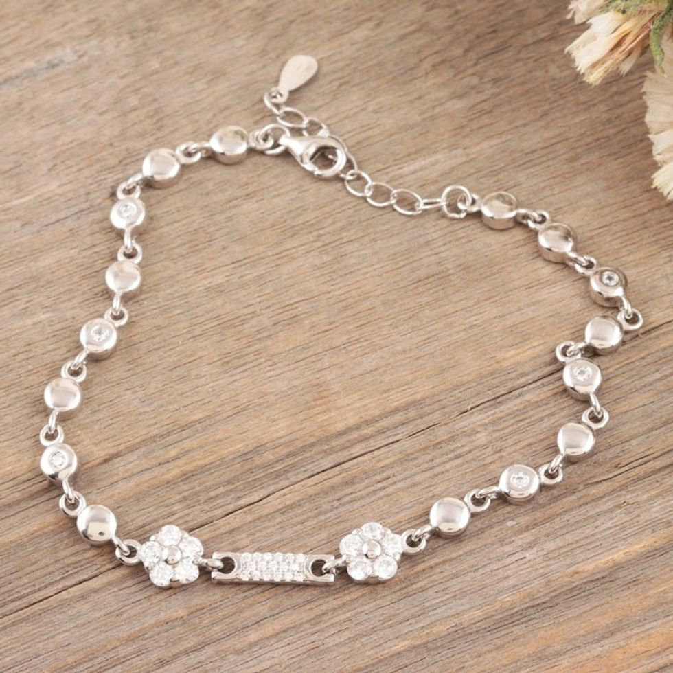 Indian Cubic Zirconia Link Bracelet with Floral Motif 'Heaven's Vault'