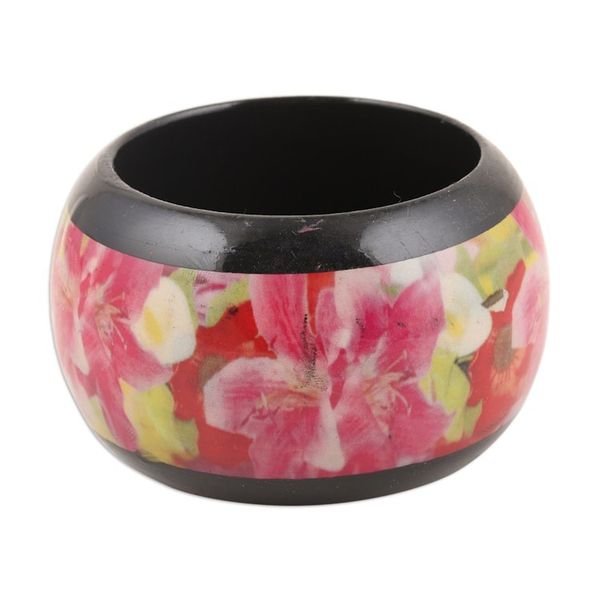 Alternate image for Haldu Wood Bangle Bracelet with Printed Floral Pattern Floral Charm