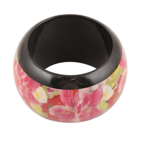 Alternate image for Haldu Wood Bangle Bracelet with Printed Floral Pattern Floral Charm