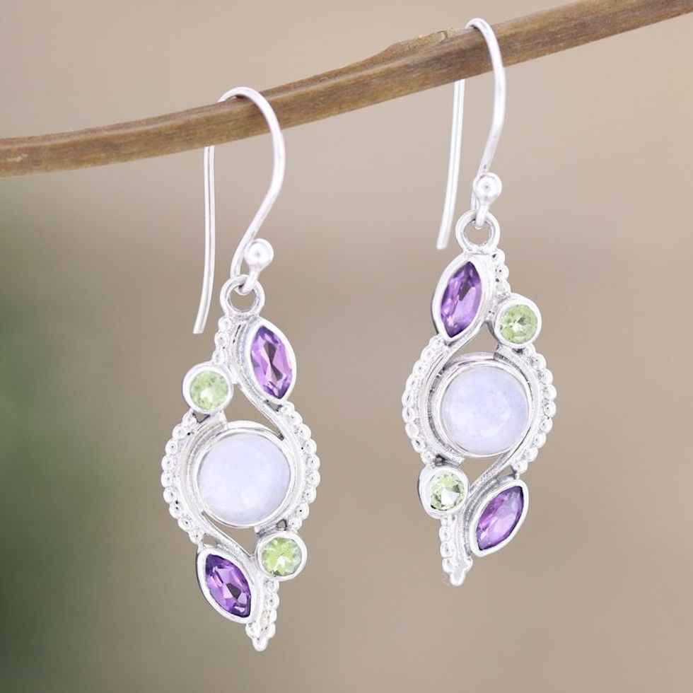 Handcrafted Amethyst and Peridot Dangle Earrings 'Indian Sea'