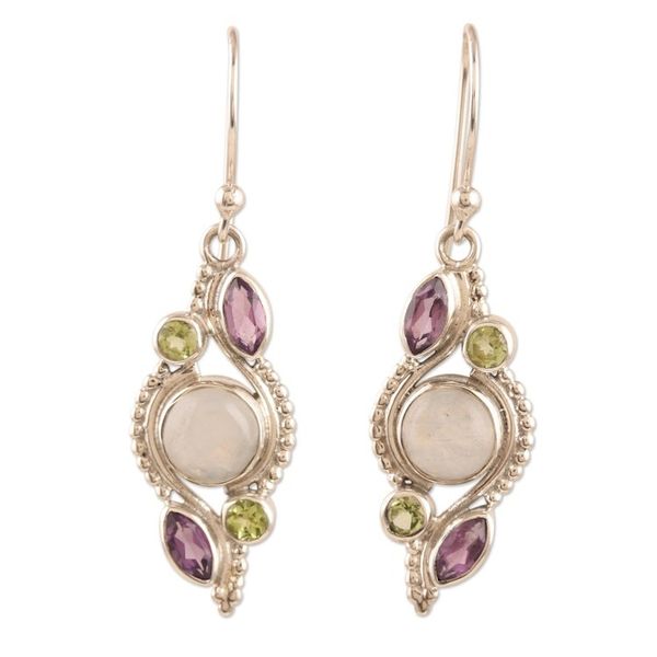Alternate image for Handcrafted Amethyst and Peridot Dangle Earrings Indian Sea