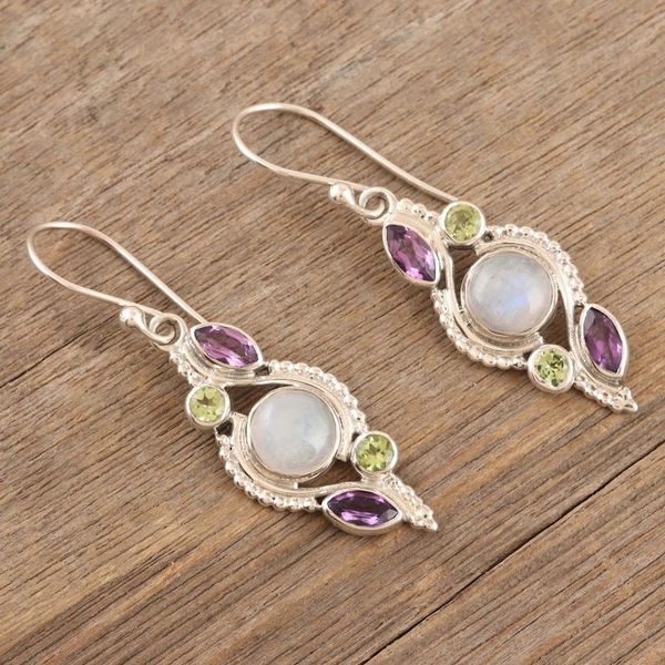 Alternate image for Handcrafted Amethyst and Peridot Dangle Earrings Indian Sea