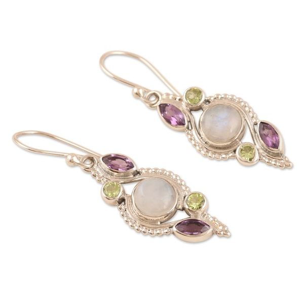 Alternate image for Handcrafted Amethyst and Peridot Dangle Earrings Indian Sea