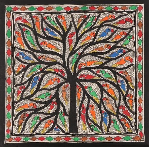 Alternate image for Madhubani Bird Painting on Handmade Paper Cheerful Chirps