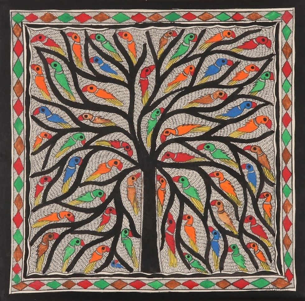Madhubani Bird Painting on Handmade Paper 'Cheerful Chirps'