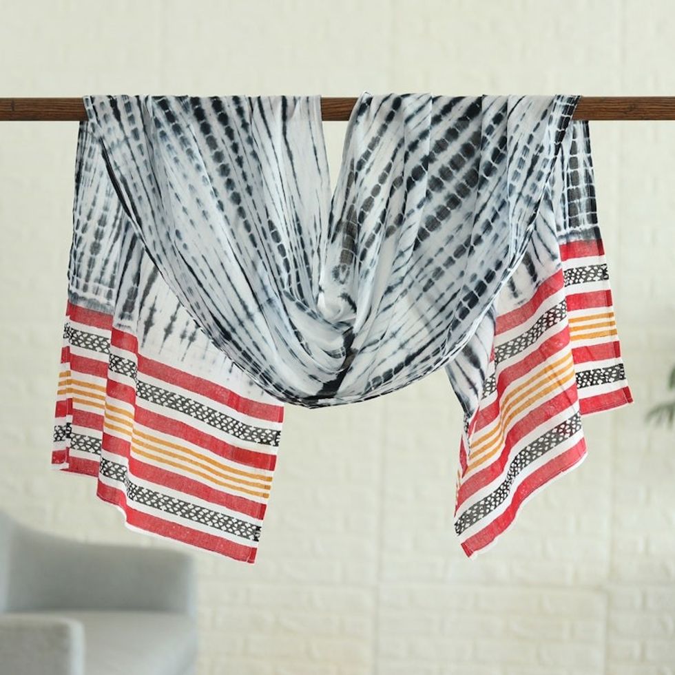Cotton Scarf with Striped Batik Pattern in Colorful Tones 'Snow White Appeal'