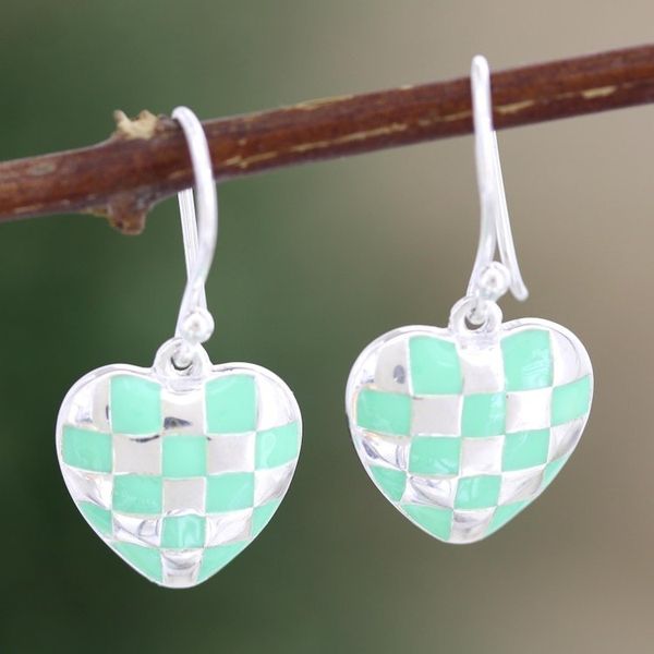 Alternate image for Sterling Silver Heart-Motif Dangle Earrings Checkered Heart in Green