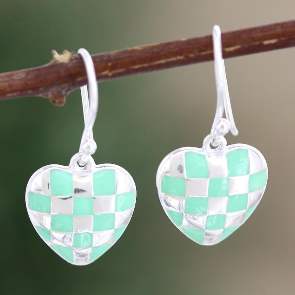 Sterling Silver Heart-Motif Dangle Earrings 'Checkered Heart in Green'