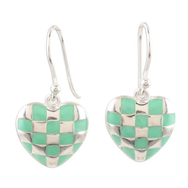 Alternate image for Sterling Silver Heart-Motif Dangle Earrings Checkered Heart in Green