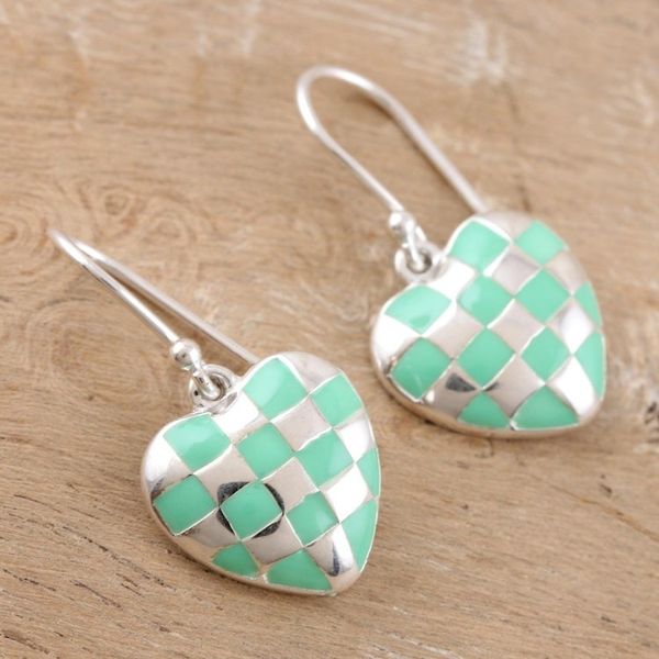 Alternate image for Sterling Silver Heart-Motif Dangle Earrings Checkered Heart in Green