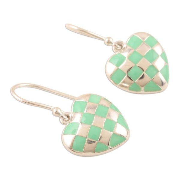 Alternate image for Sterling Silver Heart-Motif Dangle Earrings Checkered Heart in Green