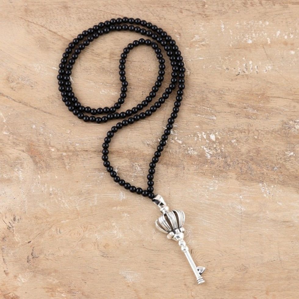 Sterling Silver and Onyx Key-Motif Pendant Necklace 'Magic Key'
