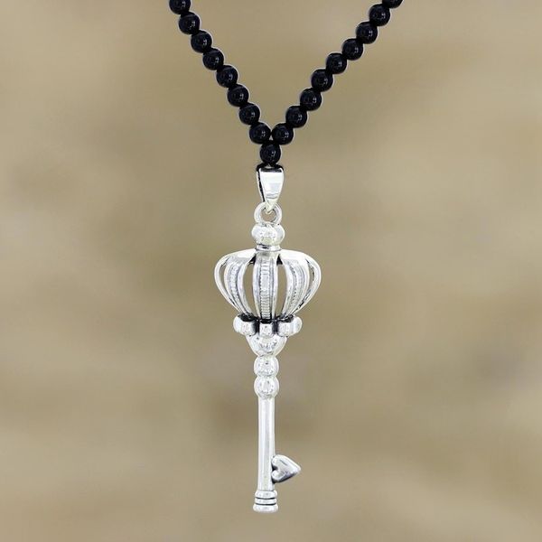 Alternate image for Sterling Silver and Onyx Key-Motif Pendant Necklace Magic Key