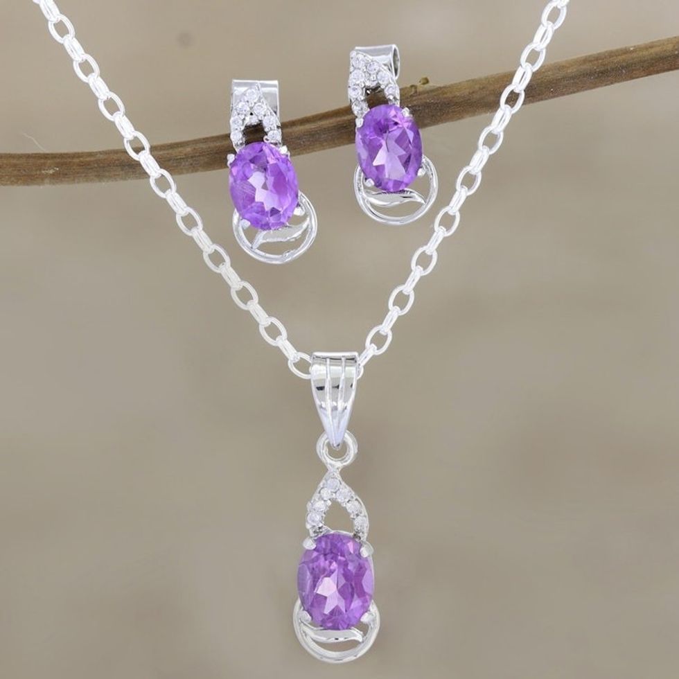 Rhodium-Plated Amethyst and Cubic Zirconia Jewelry Set 'Peppy in Purple'