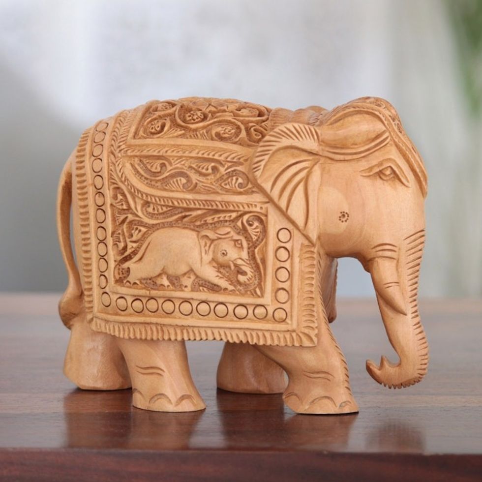 Handcrafted Kadam Wood Elephant Sculpture 'Indian Grandeur'