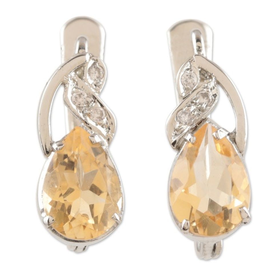 Rhodium-Plated Citrine and Cubic Zirconia Drop Earrings 'Free People in Yellow'