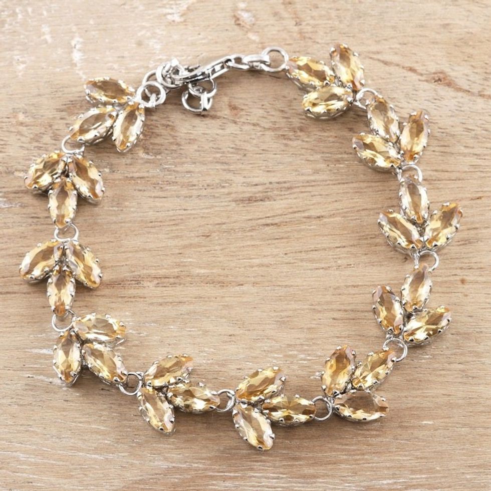 Rhodium-Plated Sterling Silver and Citrine Link Bracelet 'Leaves in the Sun'