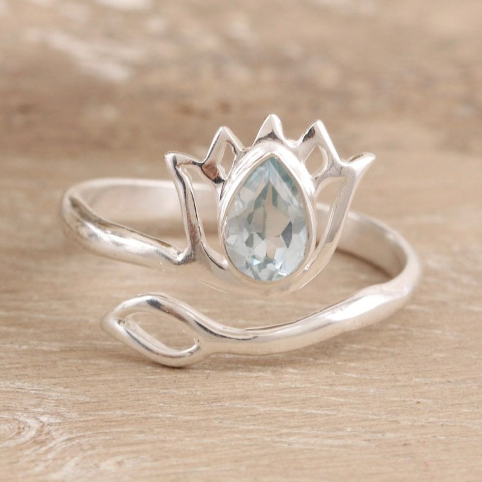 Wrap Ring Made with Blue Topaz and Sterling Silver in India 'Iridescent Lotus'