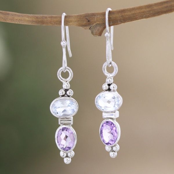 Alternate image for Sterling Silver Amethyst and Blue Topaz Dangle Earrings Glowing Fusion