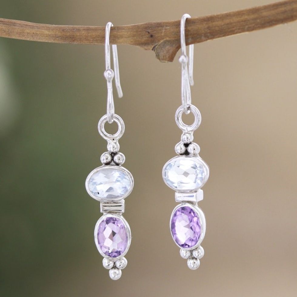 Sterling Silver Amethyst and Blue Topaz Dangle Earrings 'Glowing Fusion'