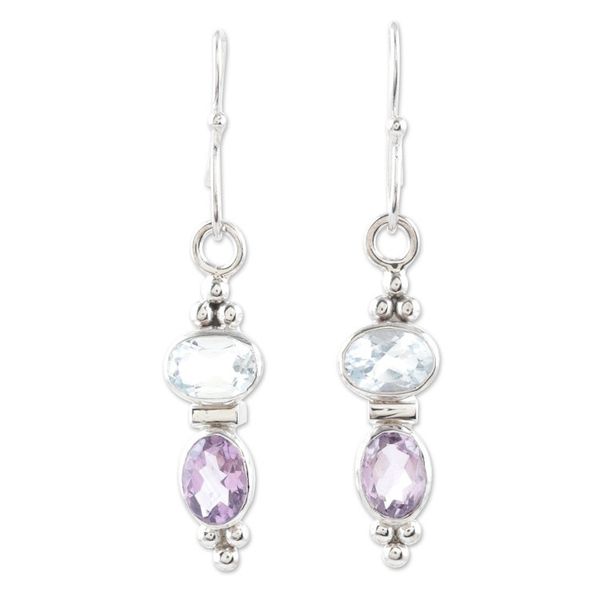 Alternate image for Sterling Silver Amethyst and Blue Topaz Dangle Earrings Glowing Fusion