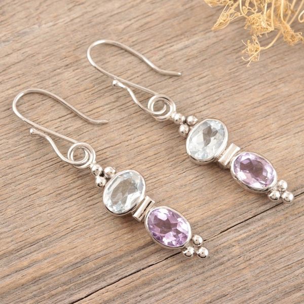 Alternate image for Sterling Silver Amethyst and Blue Topaz Dangle Earrings Glowing Fusion