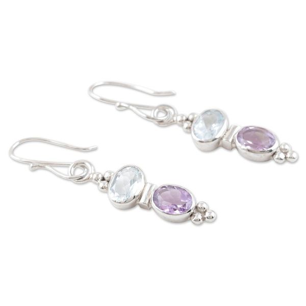 Alternate image for Sterling Silver Amethyst and Blue Topaz Dangle Earrings Glowing Fusion
