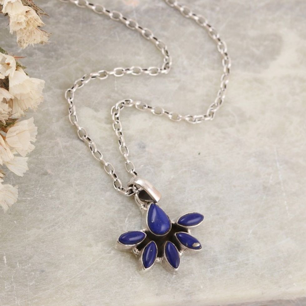 Sterling Silver and Lapis Lazuli Pendant Necklace from India 'Truth Crown'