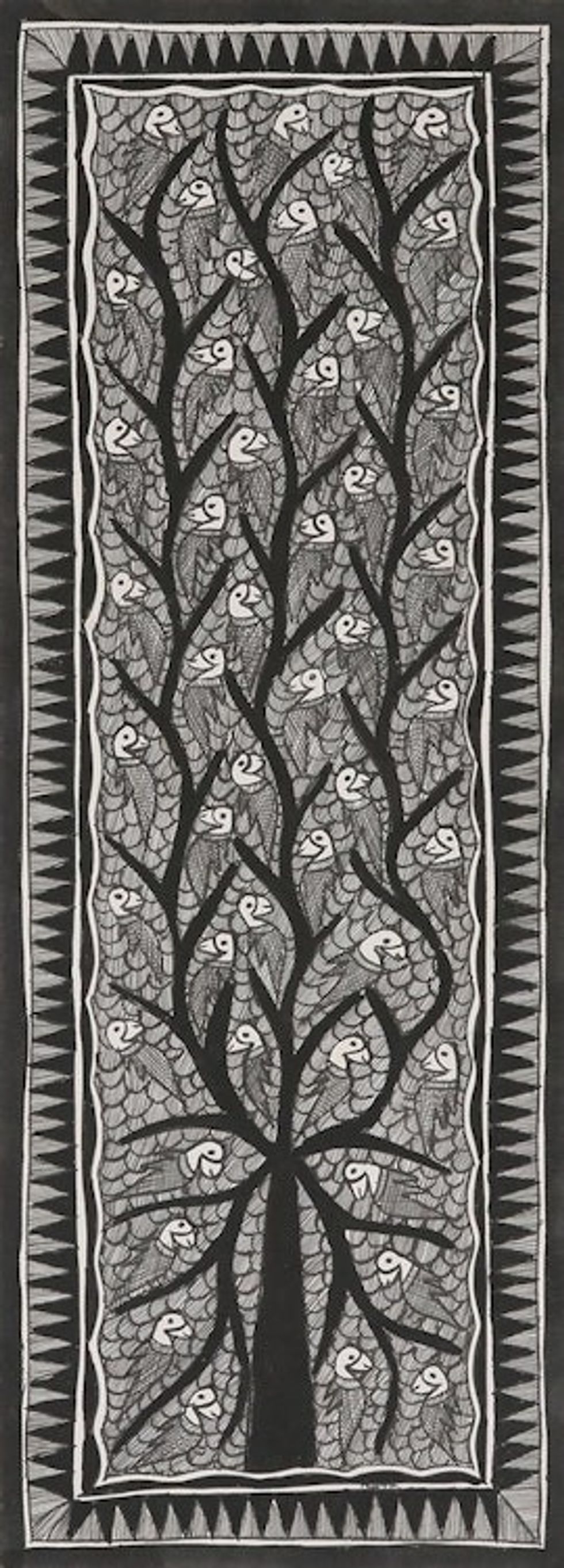 Signed Parrot Madhubani Painting in Dark Tones 'Parrots in Harmony'